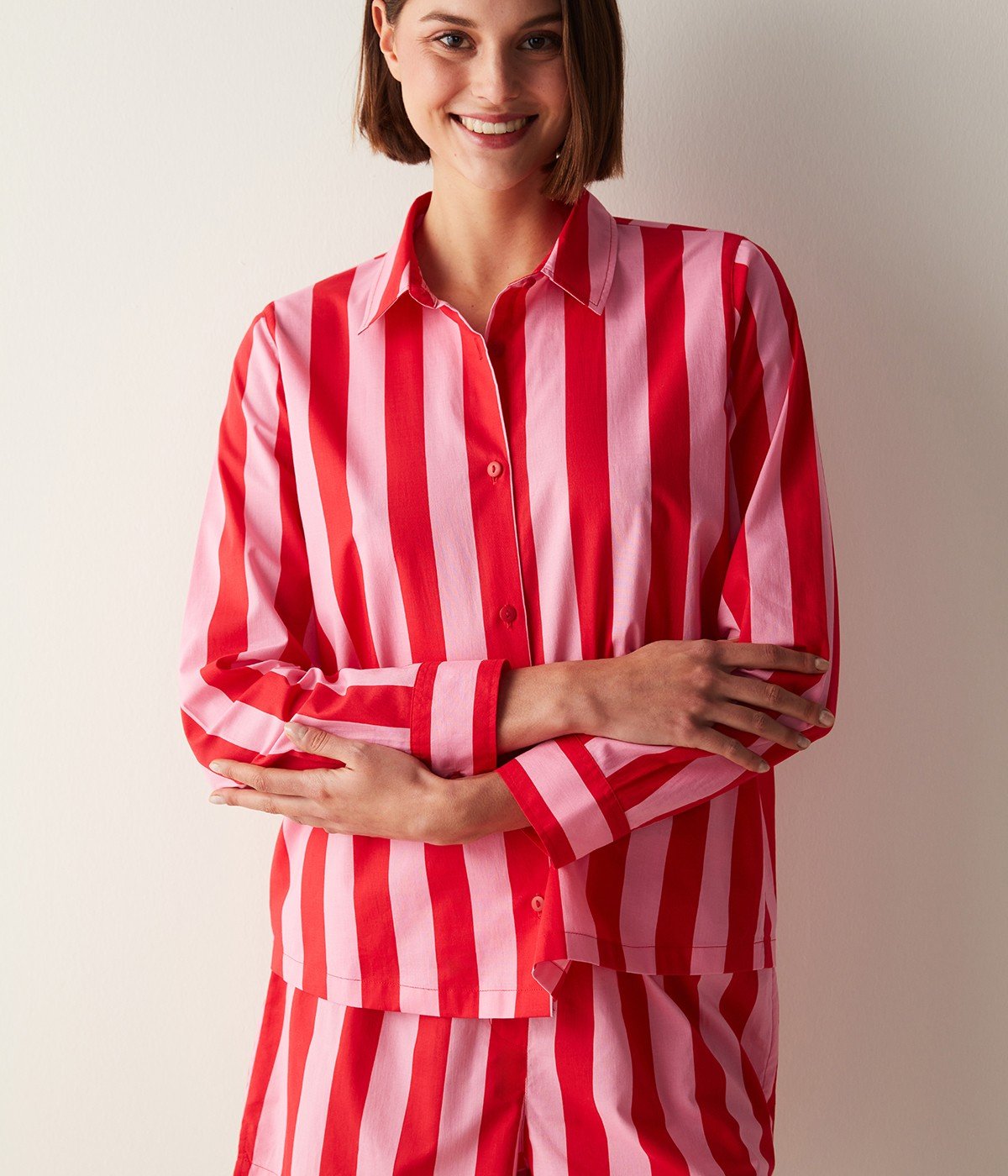 Elle Pink Striped Long Sleeve Shirt Shorts Pyjamas Set