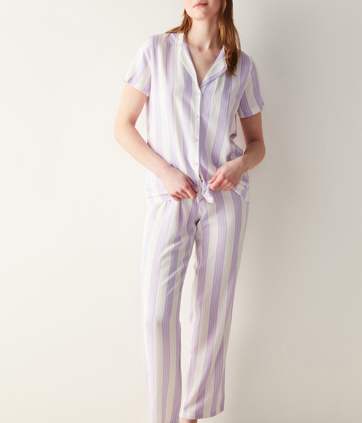 Spring Purple Striped Short Sleeve Shirt Pants Pyjamas Set