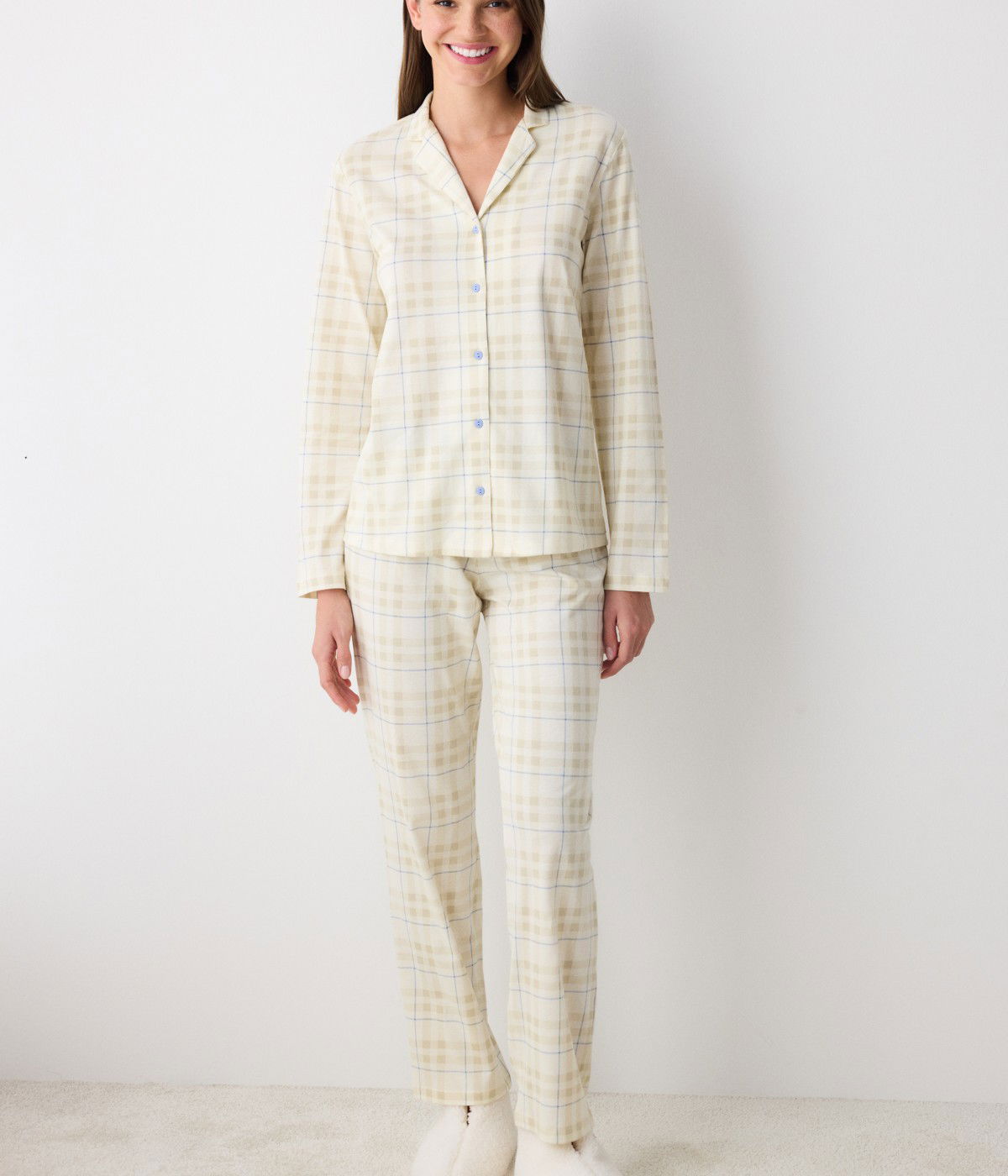 Ecru Checked Shirt Pant PJ Set
