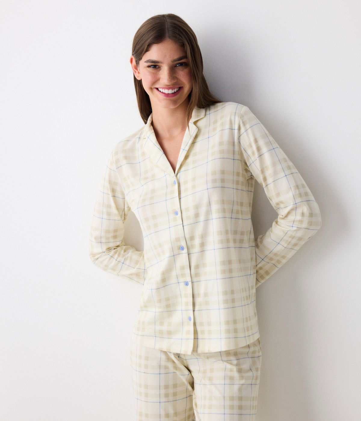 Ecru Checked Shirt Pant PJ Set