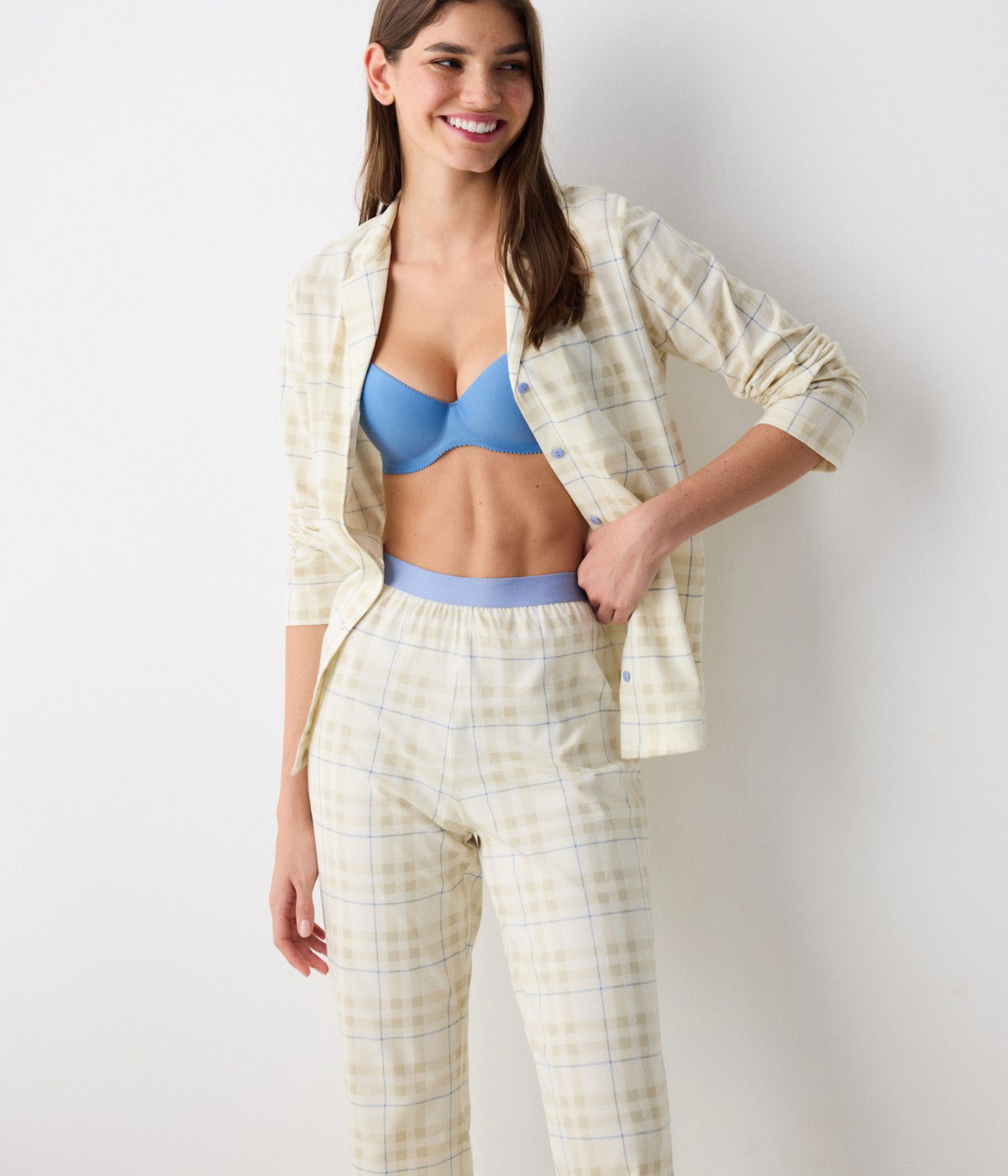 Ecru Checked Shirt Pant PJ Set