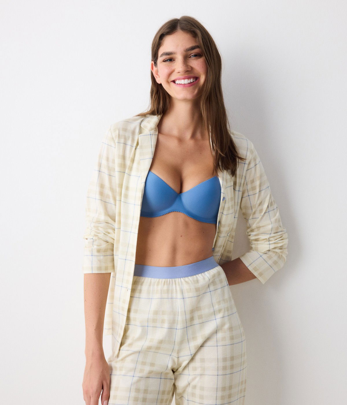 Ecru Checked Shirt Pant PJ Set